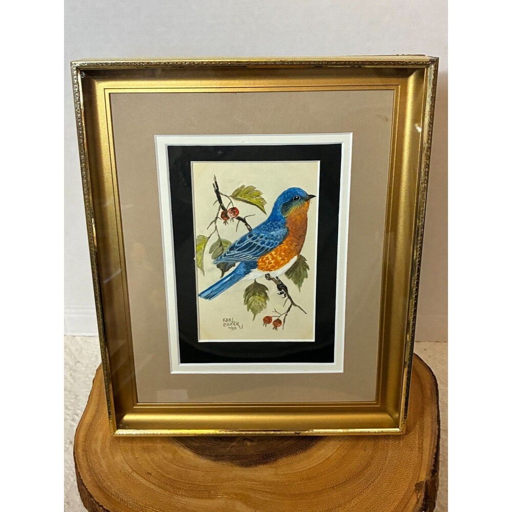 Vtg Eastern Bluebird Watercolor Painting Signed Kar Baker 1990 - Framed Art